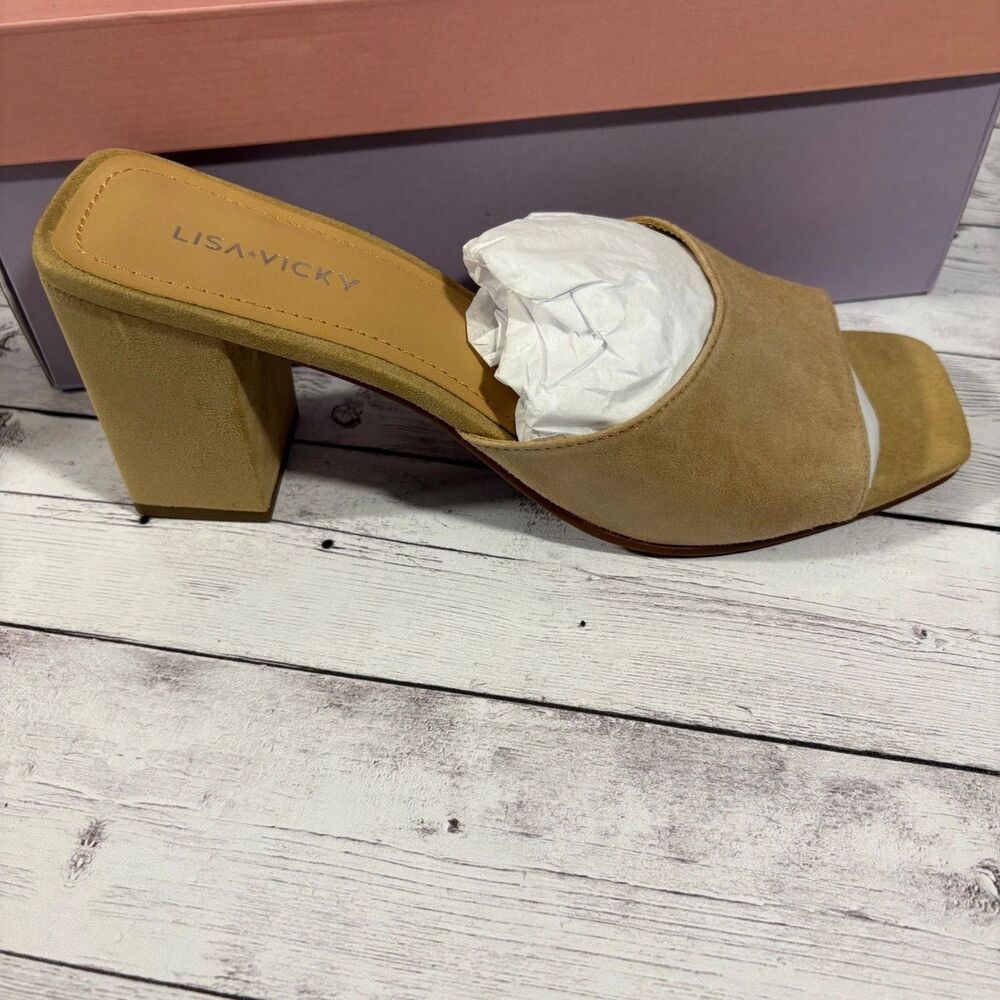 New Lisa Vicky Tan Kid Suede size 10 Block Heel Mules Slides Sandals Women's - Picture 2 of 5